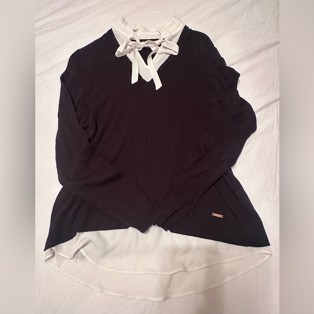 Ivanka Trump Black and Cream Blouse with Bow Accent